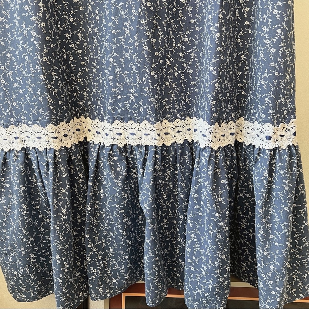 Vintage 70’s Princess Kaiulani hippie prairie calico navy blue lace maxi dress - Picture 7 of 9
